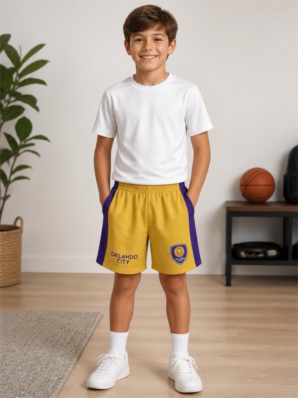 Kids Gold & Purple Athletic Shorts Orlando City soccer Team Crest